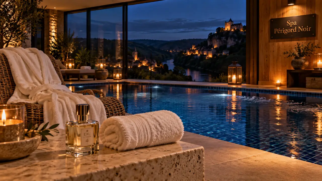 Hotel spa perigord noir : piscine intérieure chauffée et vue vallée de la Dordogne