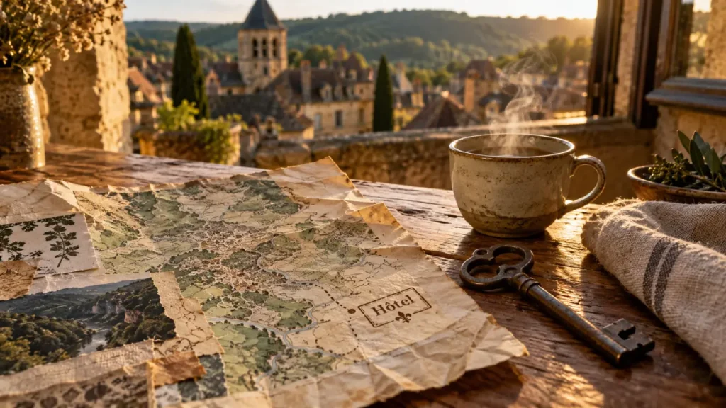 Clé d’hôtel et plan Périgord noir, vue sur Sarlat : hotels dordogne perigord noir