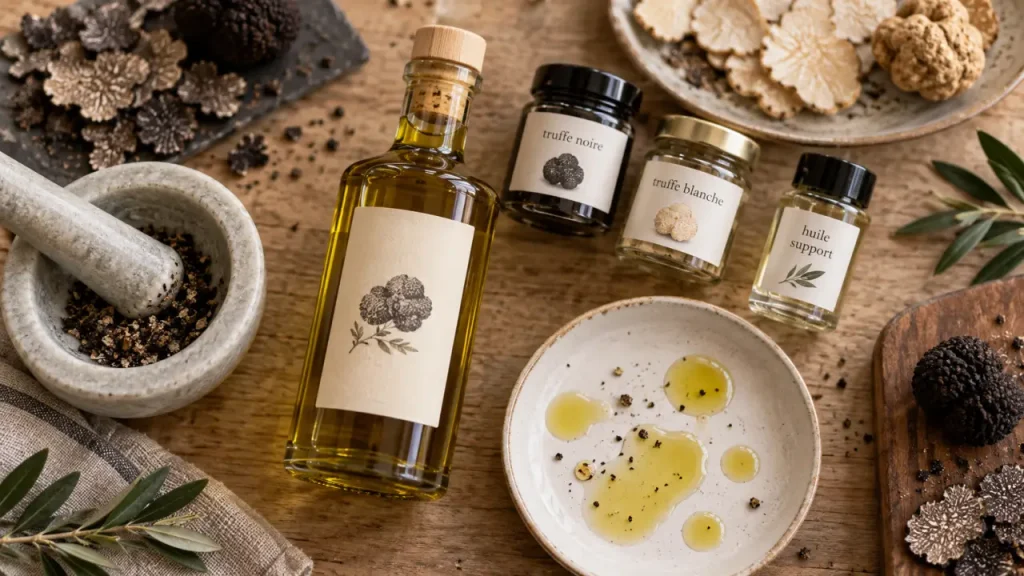 Huile truffée : bouteille et truffe noire et blanche sur assiette