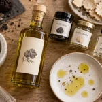 Huile truffée : bouteille et truffe noire et blanche sur assiette