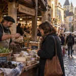 Marché sarlat dordogne : étale de fromages et herbes, ambiance matinale