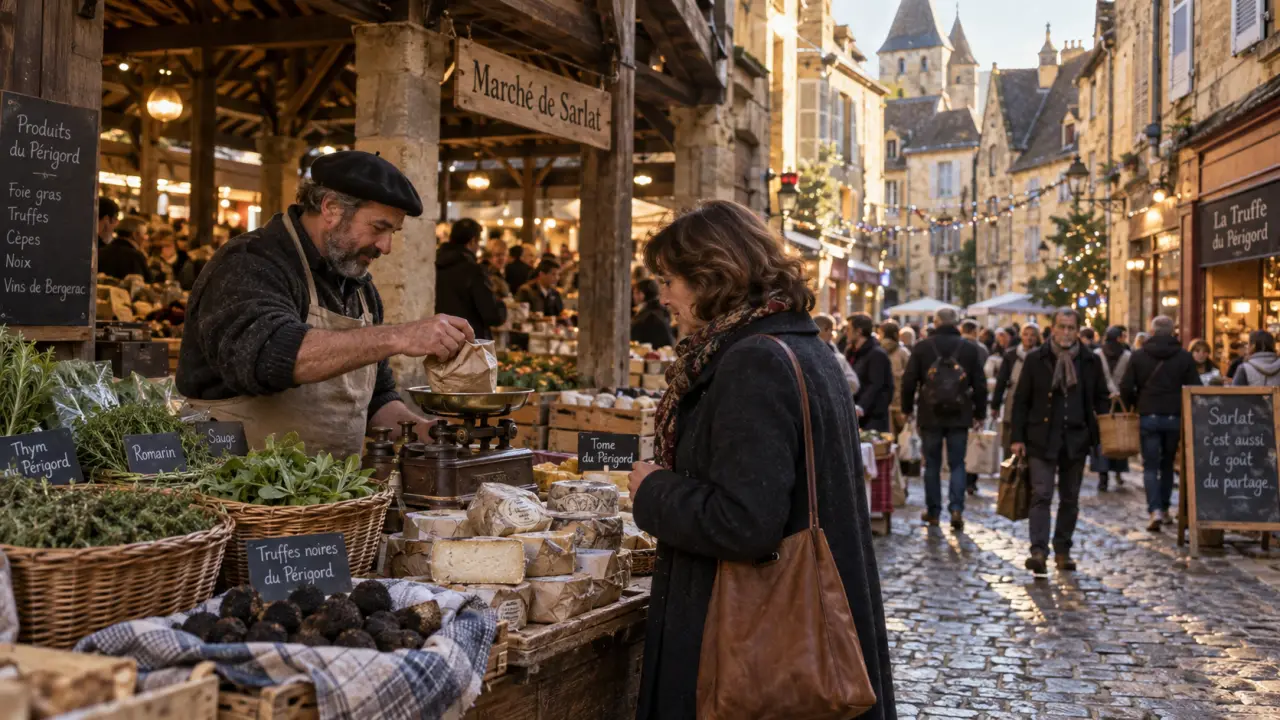 Marché sarlat dordogne : étale de fromages et herbes, ambiance matinale