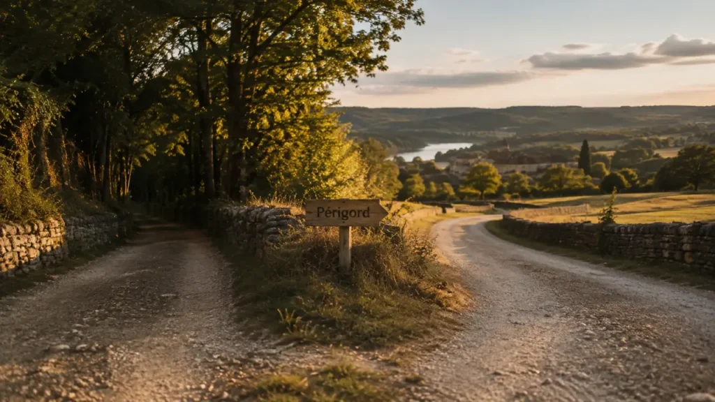 Perigord vert ou noir : route entre forêt dense et prairies au golden hour