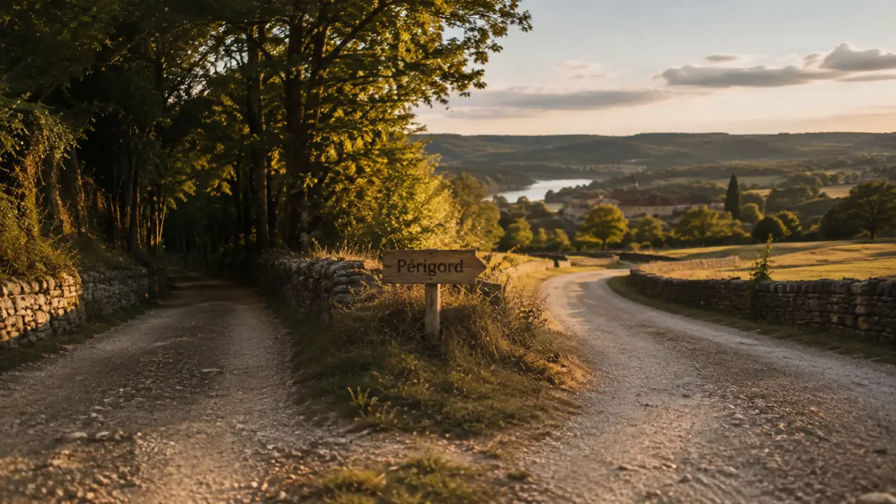 Perigord vert ou noir : route entre forêt dense et prairies au golden hour