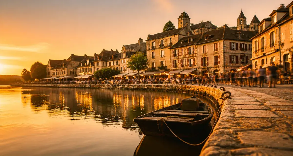 Perigord ville a visiter : Bergerac, quai de la Dordogne et maisons anciennes au golden hour