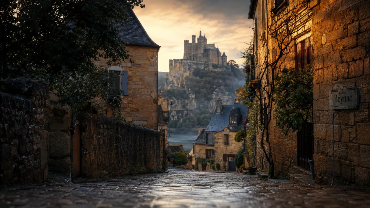 Plus beau chateau perigord noir : Beynac, ruelles pavées et château sur falaise