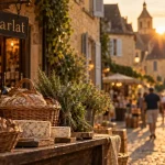Quelle ville visiter dans le Périgord : marché pittoresque de Sarlat au golden hour