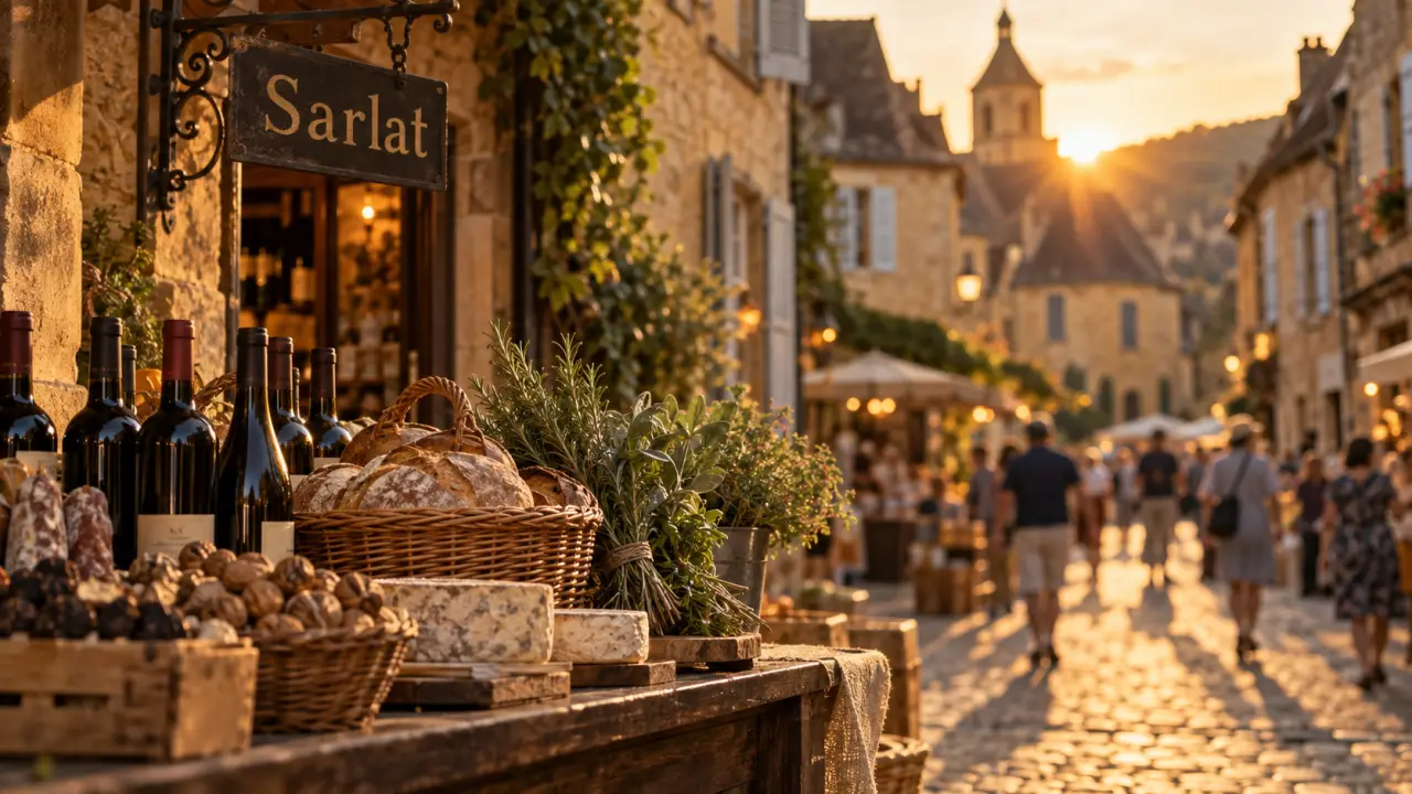 Quelle ville visiter dans le Périgord : marché pittoresque de Sarlat au golden hour