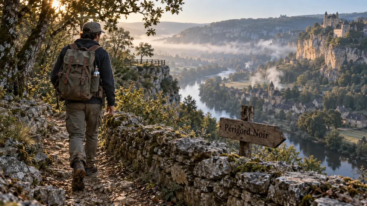 Rando perigord noir : sentier vers village perché, falaises et points de vue