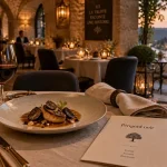 Restaurant gastronomique perigord noir : table avec assiettes, truffe et vin