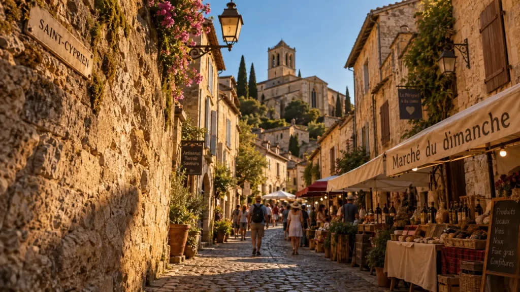 Ruelles de saint cyprien perigord noir et marché du dimanche au coucher du soleil