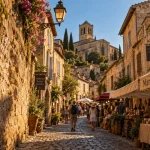 Ruelles de saint cyprien perigord noir et marché du dimanche au coucher du soleil