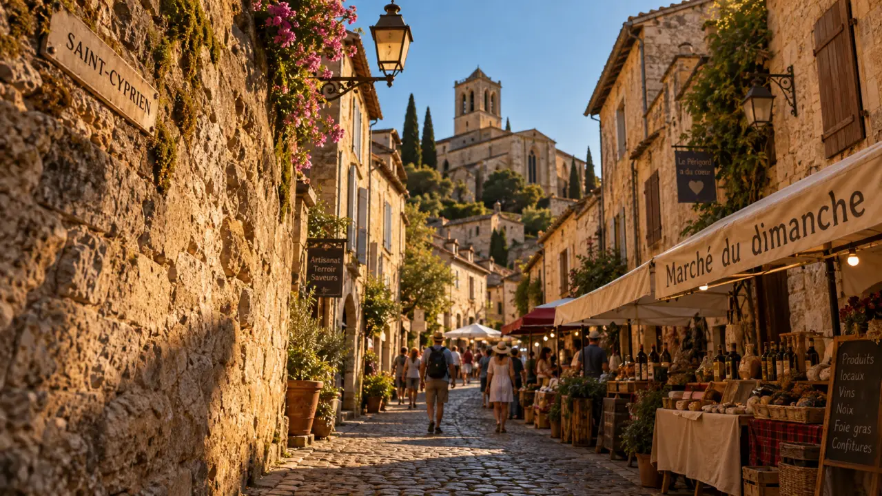 Ruelles de saint cyprien perigord noir et marché du dimanche au coucher du soleil