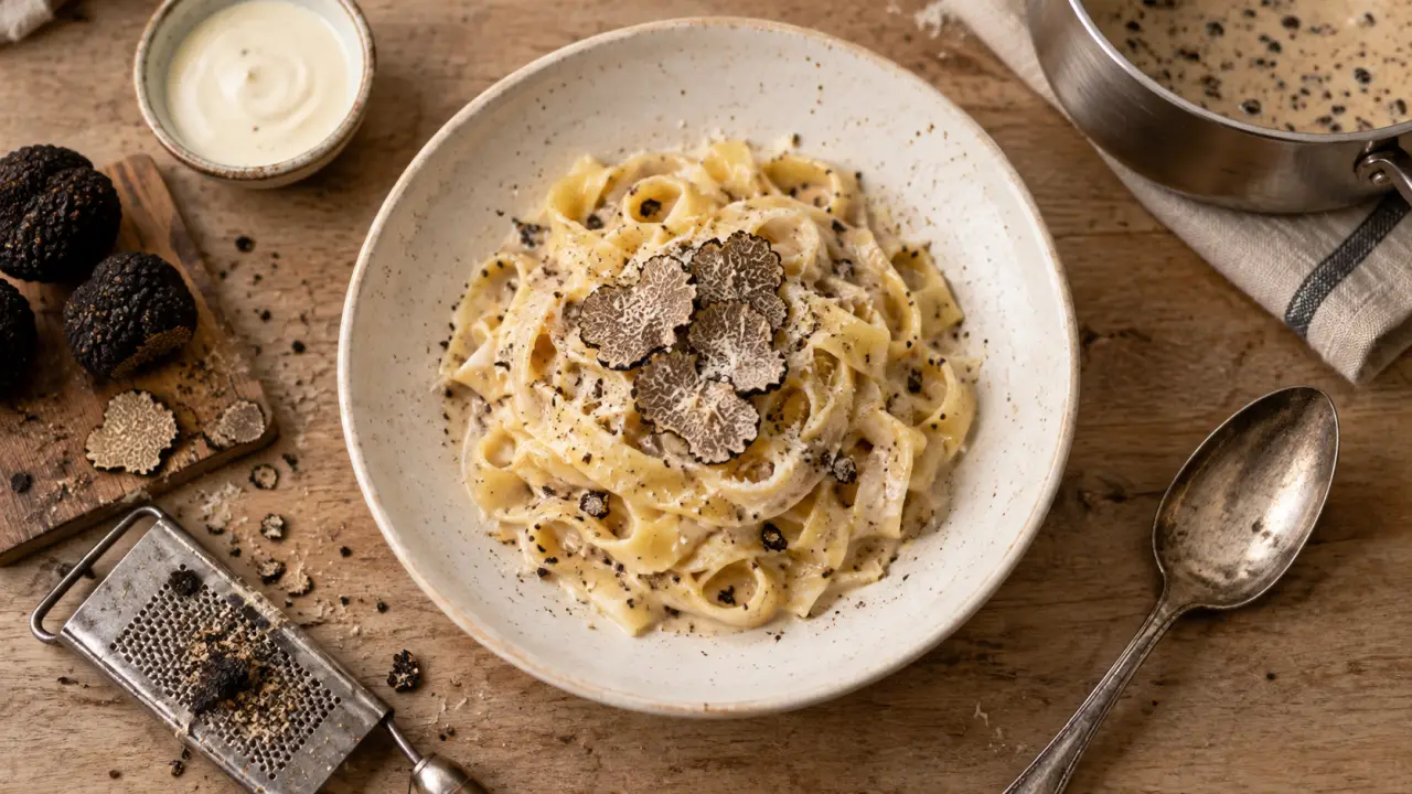 Sauce aux truffes crémeuse sur tagliatelles, lamelles de truffe