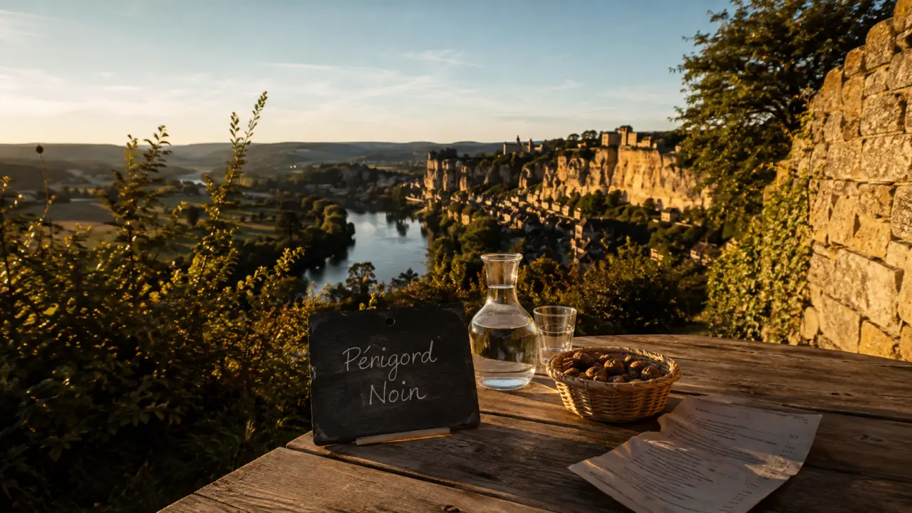 sejour perigord noir : vue dorée vallée de la Dordogne depuis terrasse en pierre sèche