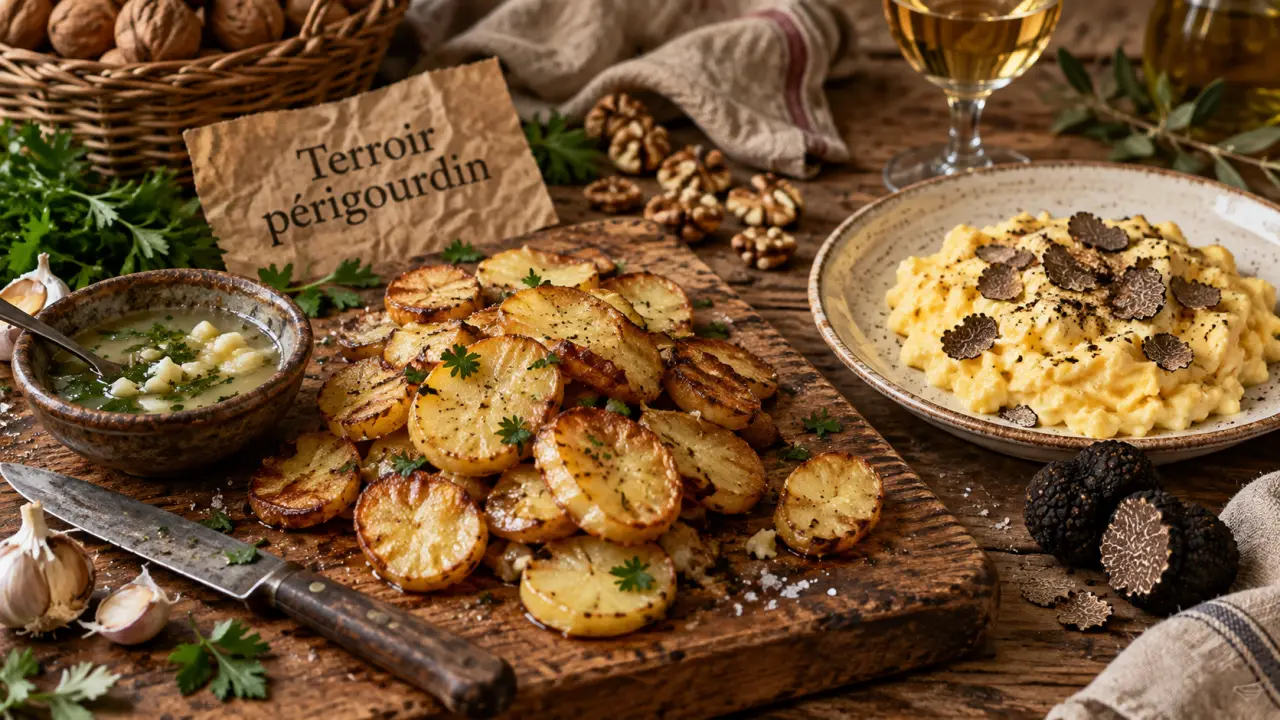 Spécialités perigord noir : truffe et graisse de canard sur table du terroir