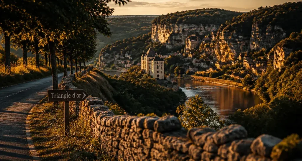 triangle d or du perigord noir : vallée de la Dordogne depuis une route, muret en pierre sèche