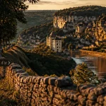 triangle d or du perigord noir : vallée de la Dordogne depuis une route, muret en pierre sèche