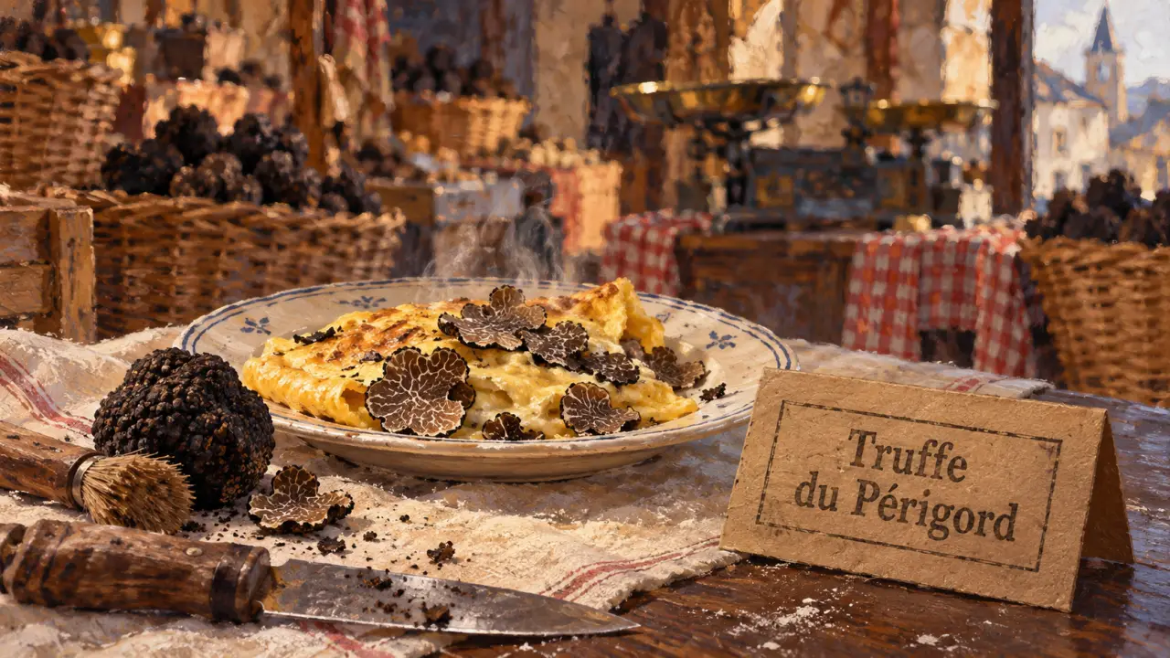 Truffe dordogne au marché en Dordogne, omelette aux copeaux