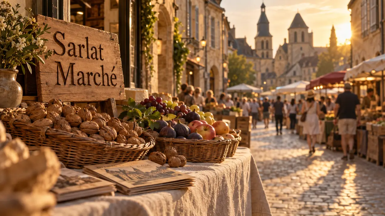 Vacances dans le perigord que faire : marché à Sarlat, ruelle et paniers de noix