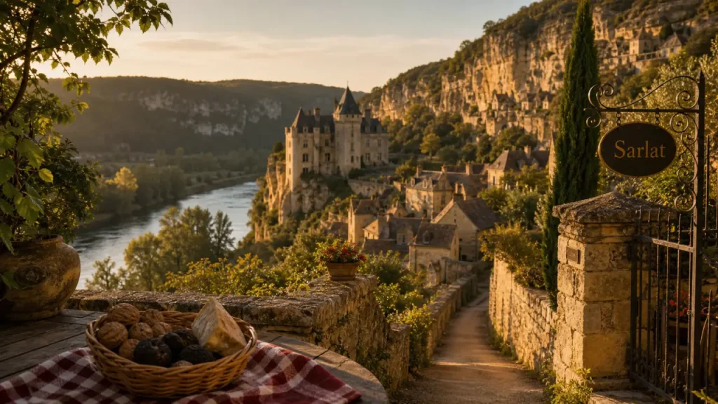 Vacances Perigord Noir : terrasse en pierre, rivière et château à Sarlat