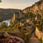 Vacances Perigord Noir : terrasse en pierre, rivière et château à Sarlat