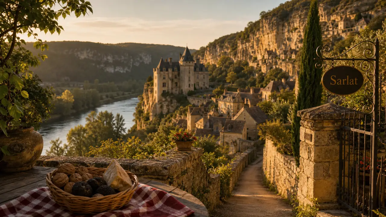 Vacances Perigord Noir : terrasse en pierre, rivière et château à Sarlat
