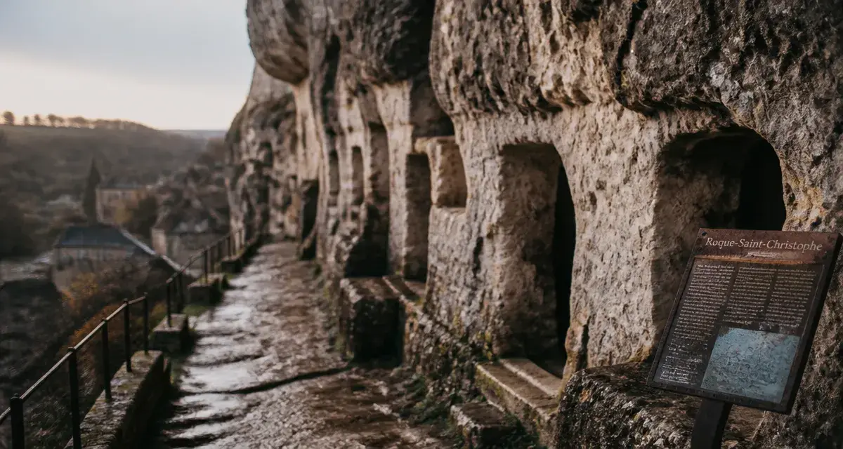 Village troglodyte dordogne : Roque-Saint-Christophe, portes troglodytiques dans la falaise