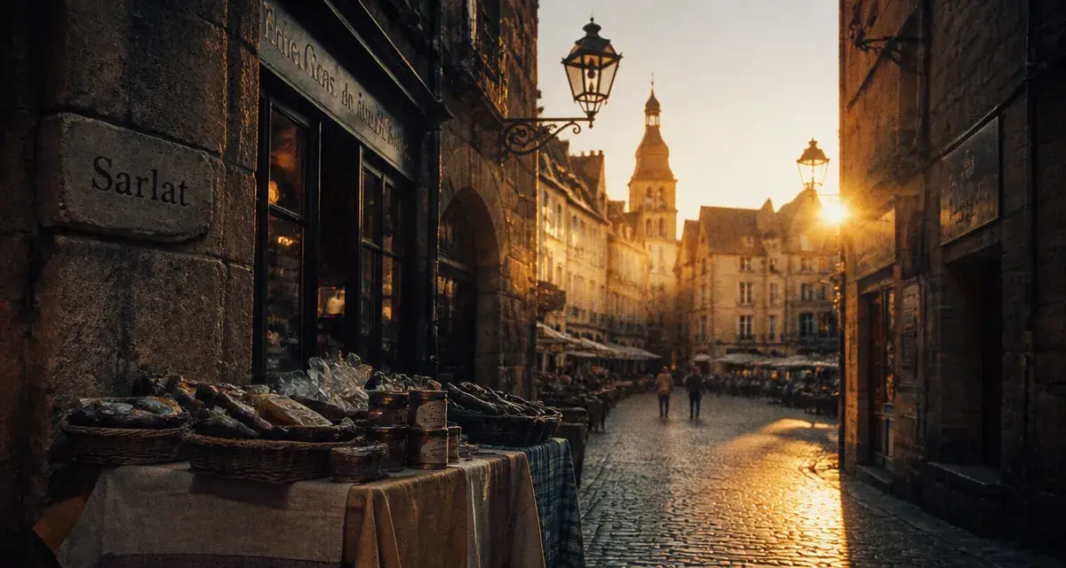 Ville a visiter perigord noir : Sarlat, ruelle pavée au coucher du soleil