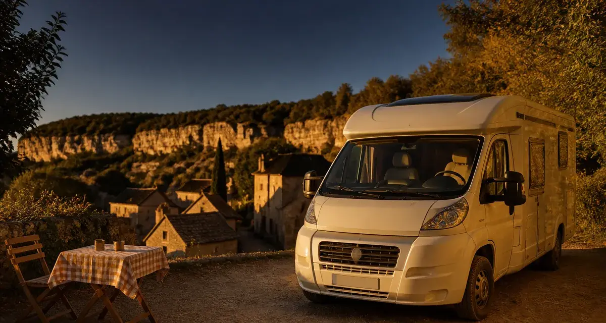 Visiter le perigord en camping car : camping-car sur une aire autorisée près d’un village
