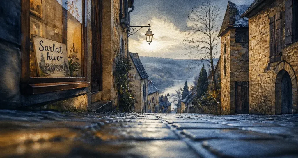 Visiter le perigord en hiver : ruelle de Sarlat, Dordogne et brume