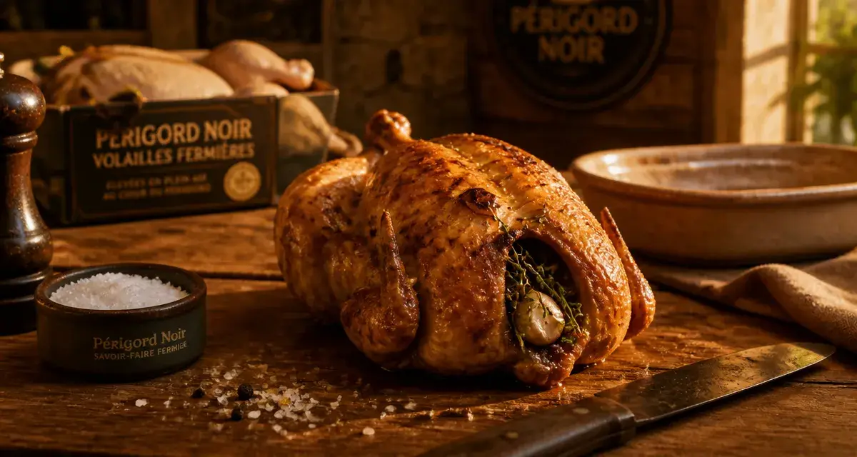 Volailles dumas perigord noir : poulet rôti fermier doré