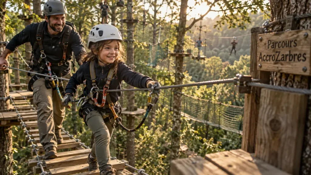 Accrobranche dordogne bergerac : parent et enfant en harnais sur passerelle