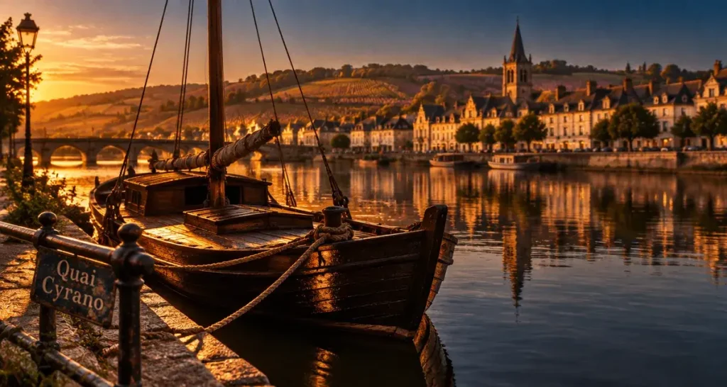 Activité bergerac dordogne : quai et vignoble au bord de la rivière, Golden hour