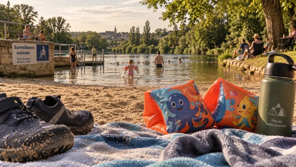 Baignade dordogne bergerac à Pombonne, enfants en brassards