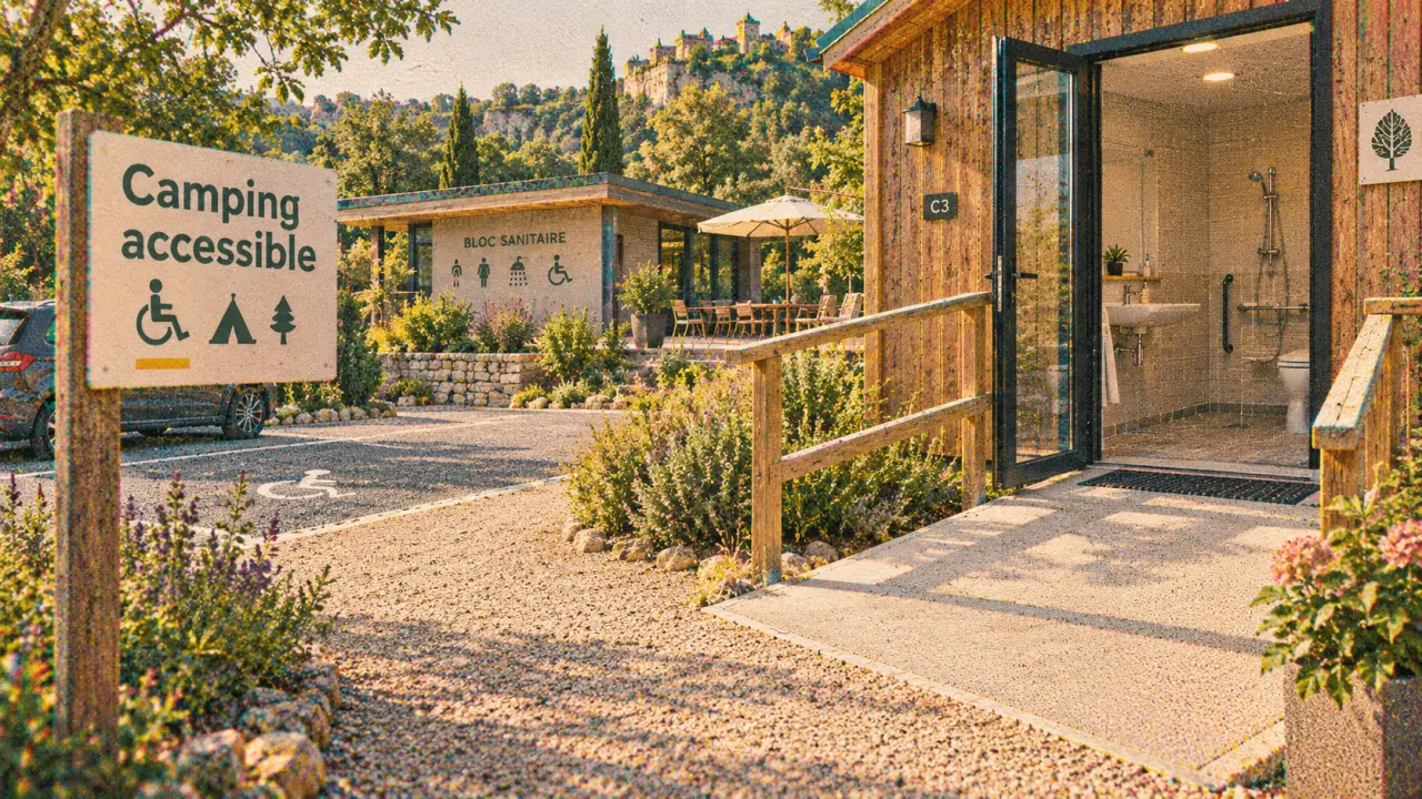 Camping tourisme handicap Dordogne : chemin et sanitaires accessibles