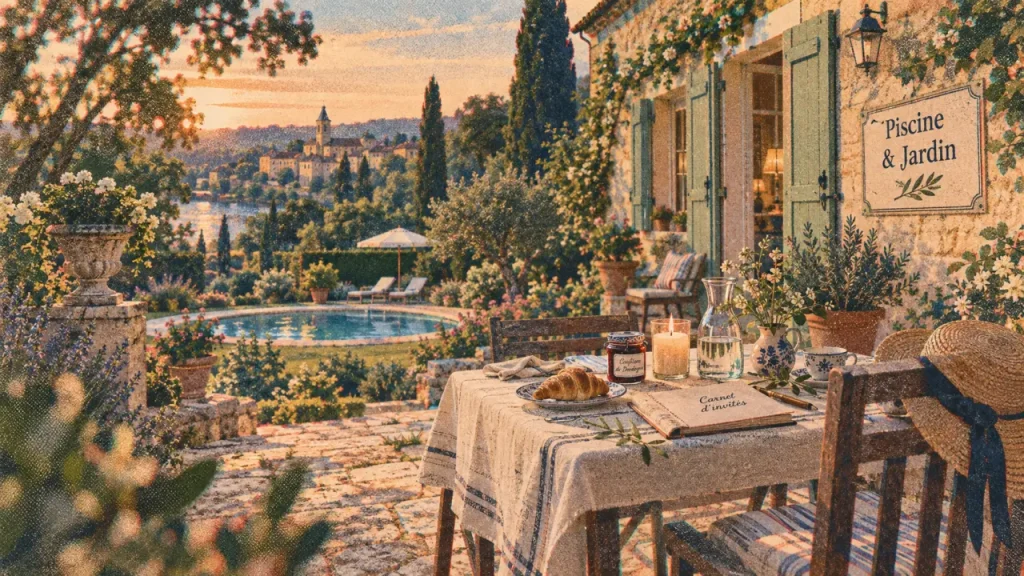 Chambre d hote bergerac dordogne : petit-déjeuner sur terrasse au jardin