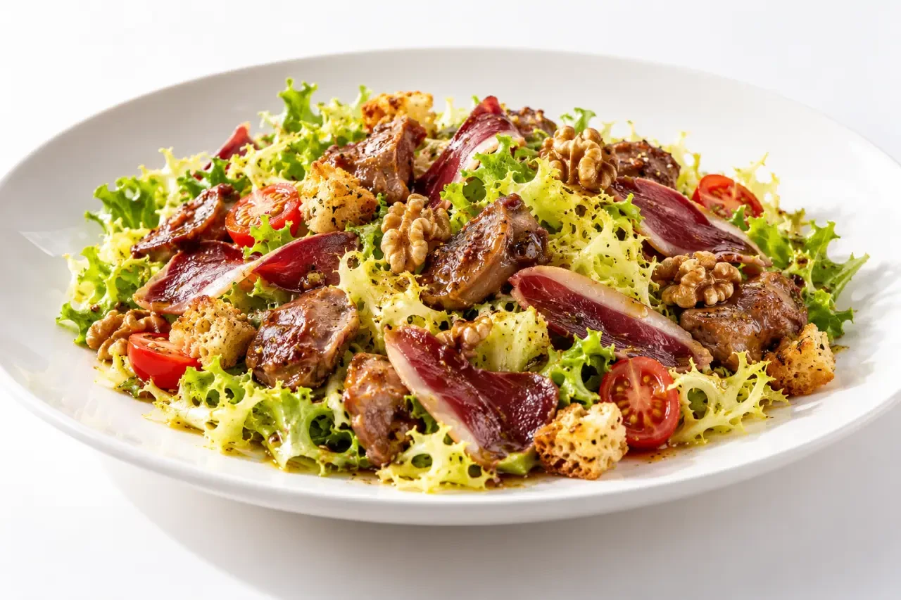 Salade périgourdine traditionnelle aux gésiers de canard, magret séché et noix