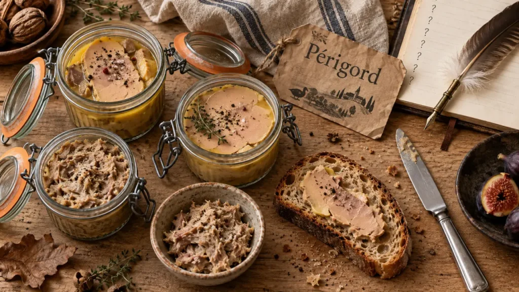 Foie gras artisanal dordogne, bocaux et pain sur table en bois