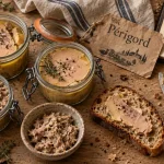 Foie gras artisanal dordogne, bocaux et pain sur table en bois