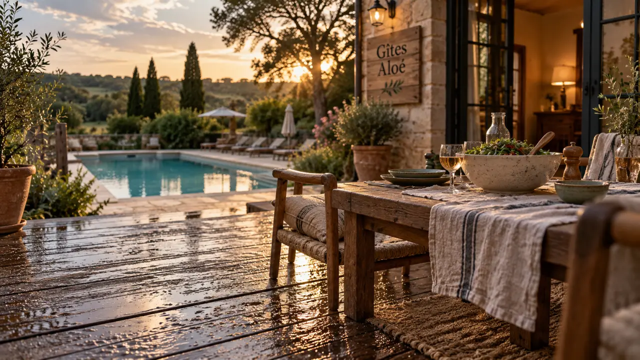 Gîtes Aloé en Dordogne : terrasse bois et piscine