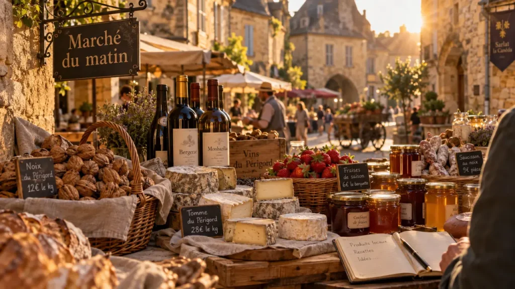 Jour de marché perigord noir : marché du matin sur une place médiévale