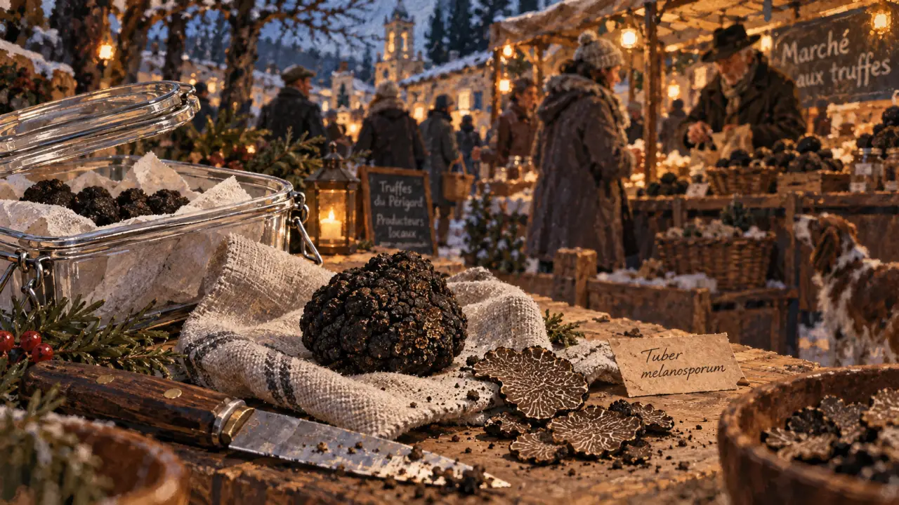 L or noir du perigord : truffe noire Tuber melanosporum au marché d’hiver