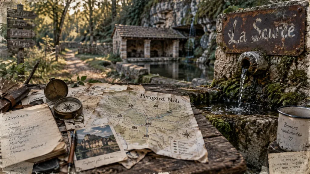 La source perigord noir : pancarte et accès au lavoir