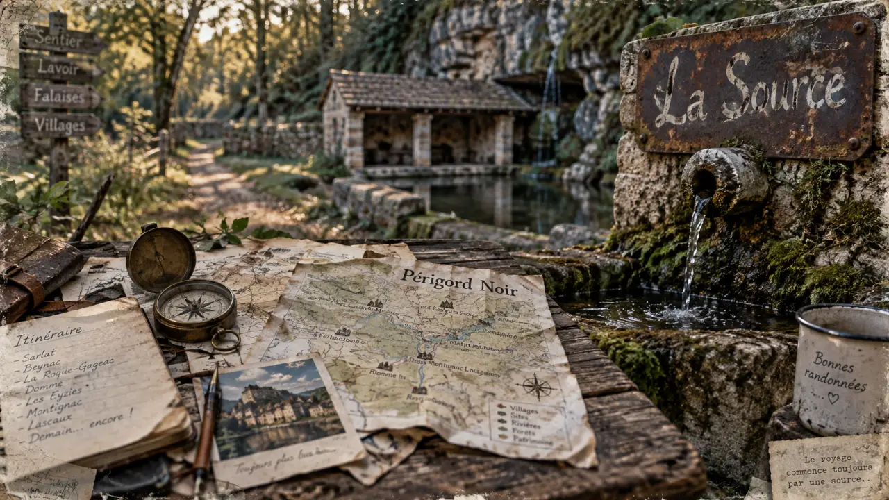 La source perigord noir : pancarte et accès au lavoir