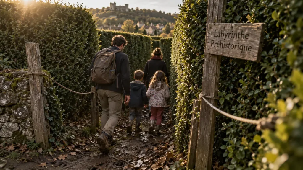 Labyrinthe perigord noir : entrée végétale en buis et panneaux bois