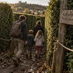 Labyrinthe perigord noir : entrée végétale en buis et panneaux bois