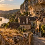 Les eyzies perigord noir au bord de la Vézère, falaises et ruelle au golden hour