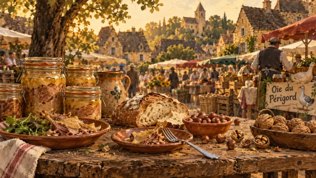 Les oies du perigord noir sur un marché à Sarlat, confit et produits du Périgord noir