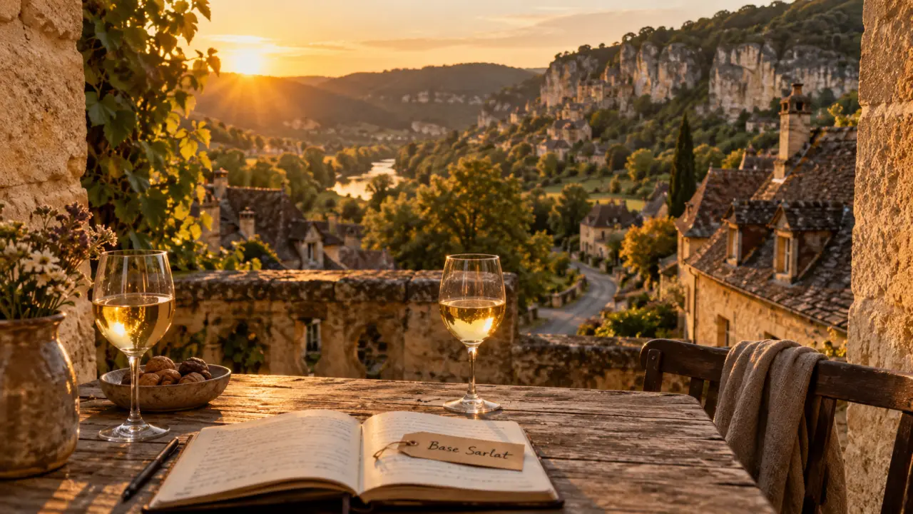 Location appartement perigord noir à Sarlat : terrasse en pierre et vue sur toits en lauze